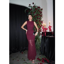 Esra Helvacı Dantelli Sıfır Kol Yan Büzgü Uzun Elbise