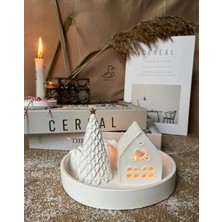 CasadiDuck Dağ Görünümlü Tabak Çukur Ev Şeklinde Tealight Mumluk Çam Ağacı Dekor 2’li Set