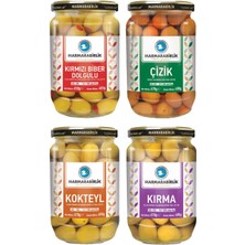 Marmarabirlik Yeşil Zeytin 400 gr Cam Biberli-Çizik-Kırma-Kokteyl 4 Lü Karma Paket