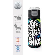 Coral High Kids Siyah Renkli Bisiklet Desenli Pipetli ve Direkt Içim Çelik Termos 500 ml 38125