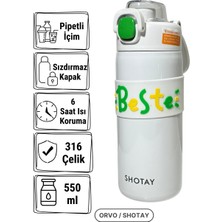 550 ml 316 Paslanmaz Çelik Termos Matara Beyaz – Pipetli Kilitli Kapak Shotay Beste