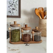 Glassya Akasya Kaşıklı Standlı Cam Kavanoz Seti (450 – 550 – 750 Ml) – Ahşap Standlı Saklama Seti