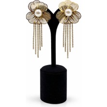 Pangu Inci Detaylı Çiçek Figürlü Zincir Sallantılı Altın Renk Çelik Küpe