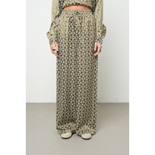 Orfeonegro Kadın Haki Prizma Geometrik Desenli Ipeksi Palazzo Pantolon