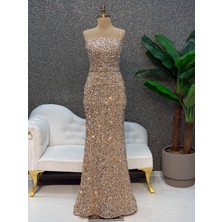 Gold Pul Payet Straplez Balık Elbıse