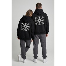 Nevermind Unisex Vegvisir Pusula Baskılı Sevgili Kombini Oversize Hoodie Seti