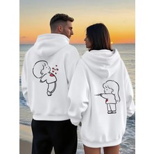 Nevermind Sevgili Çift Kombin Hoodie 2’li Set - Unisex Oversize Kapüşonlu Hoodie, Sevimli Figür Beyaz