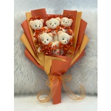Salish Teddy Bear Çiçek Buketi - Peluş Ayıcık, Turuncu Kurdele, Çiçek Detaylı - Turuncu Hediye Buketi