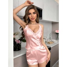 MyDora Lingerie Pudra Saten Dantel Işlemeli Askılı Şortlu Pijama Takımı