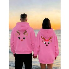 Nevermind Sevgili Çift Kombin Hoodie Geyik Baskılı Oversize Kapüşonlu Sweatshirt 2’li Set Unisex 3 Iplik