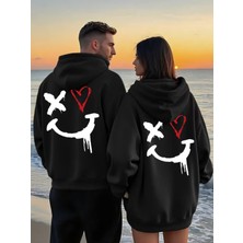 Nevermind Sevgili Çift Kombin Hoodie–yüz Kalp Baskılı Oversize Kapüşonlu Sweatshirt 2’li Set Unisex 3 Iplik