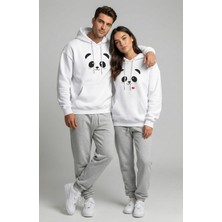 Nevermind Unisex Sevgili Çift Kombini Oversize Panda Baskılı Çift Hoodie Beyaz