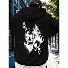 Nevermind Unisex Oversize Siyah Hoodie Kafatası Zar ve Iskambil Baskılı Kapüşonlu Streetwear Sweatshirt