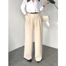 Asfa Moda Kadın Krem Pileli Yüksek Bel Bol Paça Ekstra Bol Palazzo Kumaş Pantolon