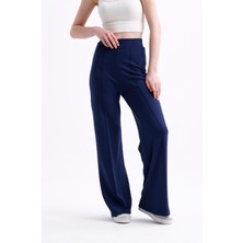 Warasiva Kadın Lacivert Önü Nervürlü Geniş Kalıp Bol Paça Modal Kumaş Yüksek Bel Toparlayıcı Pantolon Tayt