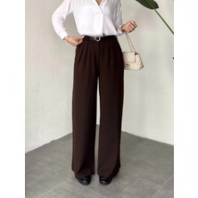 Asfa Moda Kadın Kahverengi Pileli Yüksek Bel Bol Paça Ekstra Bol Palazzo Kumaş Pantolon