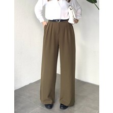 Asfa Moda Kadın Haki Pileli Yüksek Bel Bol Paça Ekstra Bol Palazzo Kumaş Pantolon