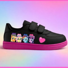 Lias Design Renkli Bony Atlar Baskılı Siyah Pembe Taban Bantlı Çocuk Spor Ayakkabı Sneaker