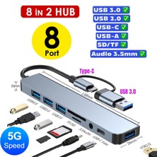 Vwin 8 In 2 Hub USB / Type C Çevirici Çoklayıcı USB 2.0 USB 3.0 Type C Tf / Sd Kart Audio 3.5