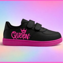 Lias Design Queen Baskılı Siyah Pembe Taban Bantlı Çocuk Spor Ayakkabı Snekaer