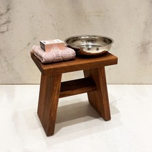 Shark Anatolia Iroko Ahşap Banyo Taburesi Oturak ve Beyaz Bakır Hamam Tası Seti