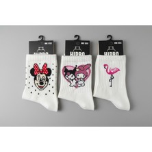 The Secret Desire 3’lü Beyaz Desenli Kadın Soket Çorap Seti Flamingo ve Sevimli Figürlü  Çorap 36-40