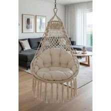 WoodShut Tek Kişilik Makrome El Örgüsü Salıncak - Krem (Askı Demirli ve Minderli)