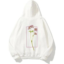 LAYORA Kapüşonlu Flowers Baskılı Beyaz Unisex Hoodie Sweatshirt
