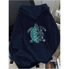 LAYORA Kaplumbağa Baskılı Bol Kesim Kapüşonlu 3iplik Sweatshirt