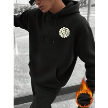 LAYORA Erkek Bol Kesim Ay Hırsızı Baskılı Cepli Kapüşonlu Sweatshirt, Sonbahar/kış