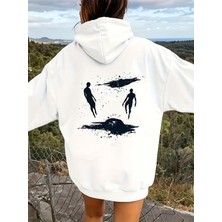 LAYORA Siyah Siluet Baskılı Beyaz Kapüşonlu Hoodi