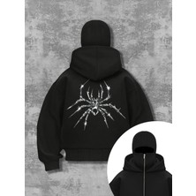 LAYORA Şık Kadın Örümcek Baskılı Kapüşonlu Üst - Tam Yüz Maskesi ve Manşetli Siyah Fermuarlı Sweatshirt