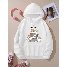 LAYORA Karikatür Kediler Baskılı Kanguru Cep Kapüşonlu Sweatshirt,