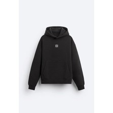 LAYORA Siyah Unisex Yüksek Baskılı Kapüşonlu Kanguru Cepli Oversize Hoodie