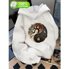 LAYORA "unisex Yin Yang Ağaç ve Ay Baskılı Kapüşonlu Sweatshirt"
