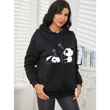 LAYORA Karikatür Kediler Baskılı Kanguru Cep Kapüşonlu Sweatshirt,
