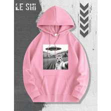 LAYORA 0 Ufo ve Uzaylı Kedi Grafik Baskılı Rahat Kapüşonlu Sweatshirt