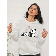 LAYORA Karikatür Kediler Baskılı Kanguru Cep Kapüşonlu Sweatshirt,