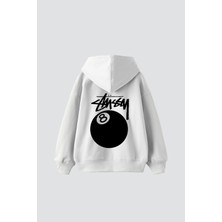 LAYORA Sts. Eight Ball Baskılı Oversize Unisex Beyaz Hoodie