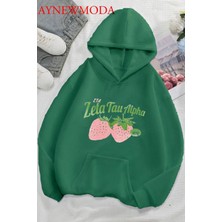 LAYORA Çilek Ön Baskılı Haki Oversize Kapşonlu Sweatshirt