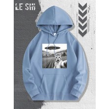 LAYORA 0 Ufo ve Uzaylı Kedi Grafik Baskılı Rahat Kapüşonlu Sweatshirt