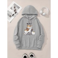 LAYORA Karikatür Kediler Baskılı Kanguru Cep Kapüşonlu Sweatshirt,