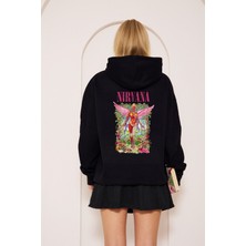 LAYORA Kapüşonlu Pembe Nirvana Baskılı Siyah Unisex Hoodie Sweatshirt
