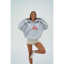 LAYORA Kadın Gri Melanj Oversize Hoodie Hot & Baskılı Kapüşonlu 3 İplik Polar Günlük Kullanım İçin