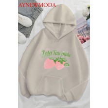 LAYORA Çilek Ön Baskılı Ekru Oversize Kapşonlu Sweatshirt