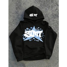LAYORA Snt Yıldız Desenli Siyah Kapüşonlu Hoodie Oversize Sweatshirt