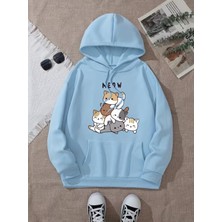 LAYORA Karikatür Kediler Baskılı Kanguru Cep Kapüşonlu Sweatshirt,