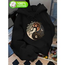 LAYORA "unisex Yin Yang Ağaç ve Ay Baskılı Kapüşonlu Sweatshirt"