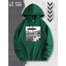 LAYORA 0 Ufo ve Uzaylı Kedi Grafik Baskılı Rahat Kapüşonlu Sweatshirt