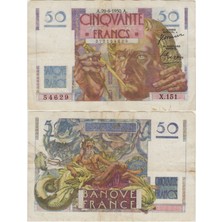 Banknoting Fransa 50 Frank 1950 Üst Kulakta Ufak Kopma ve Alt Kenarda Yarım cm Yırtık Çt.